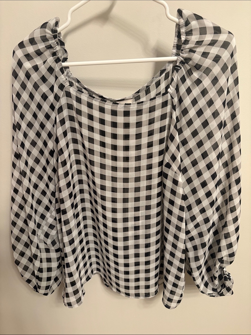 a new day Black and White Sheer Gingham Off-Shoulder Blouse
